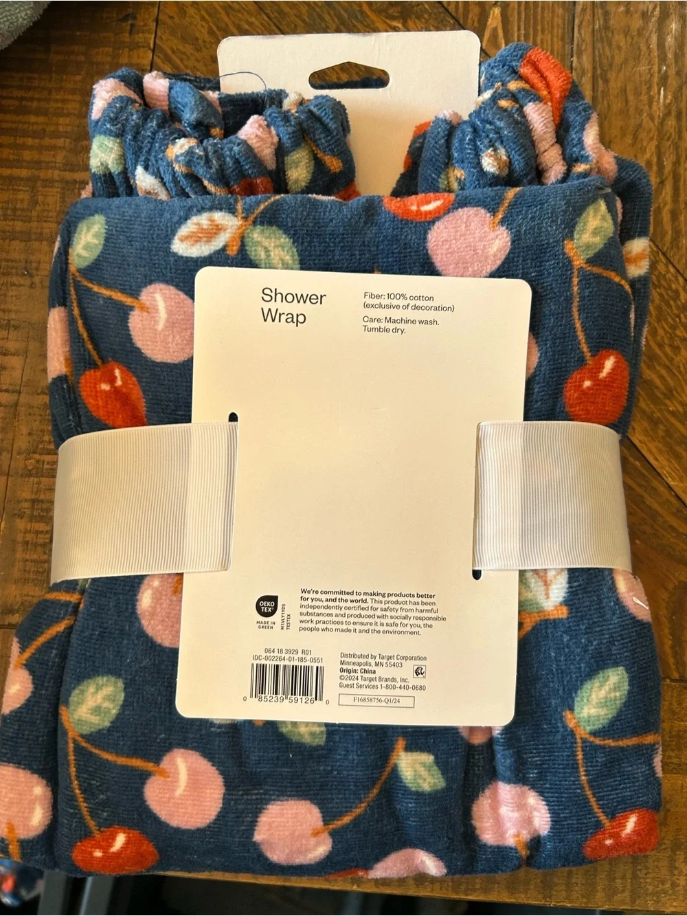 Room Essentials Navy Shower Wrap with Pink & Red Cherry Print